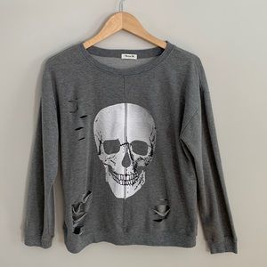 Blooming Jelly Skull/Skeleton Graphic Oversized Distressed Sweatshirt Halloween